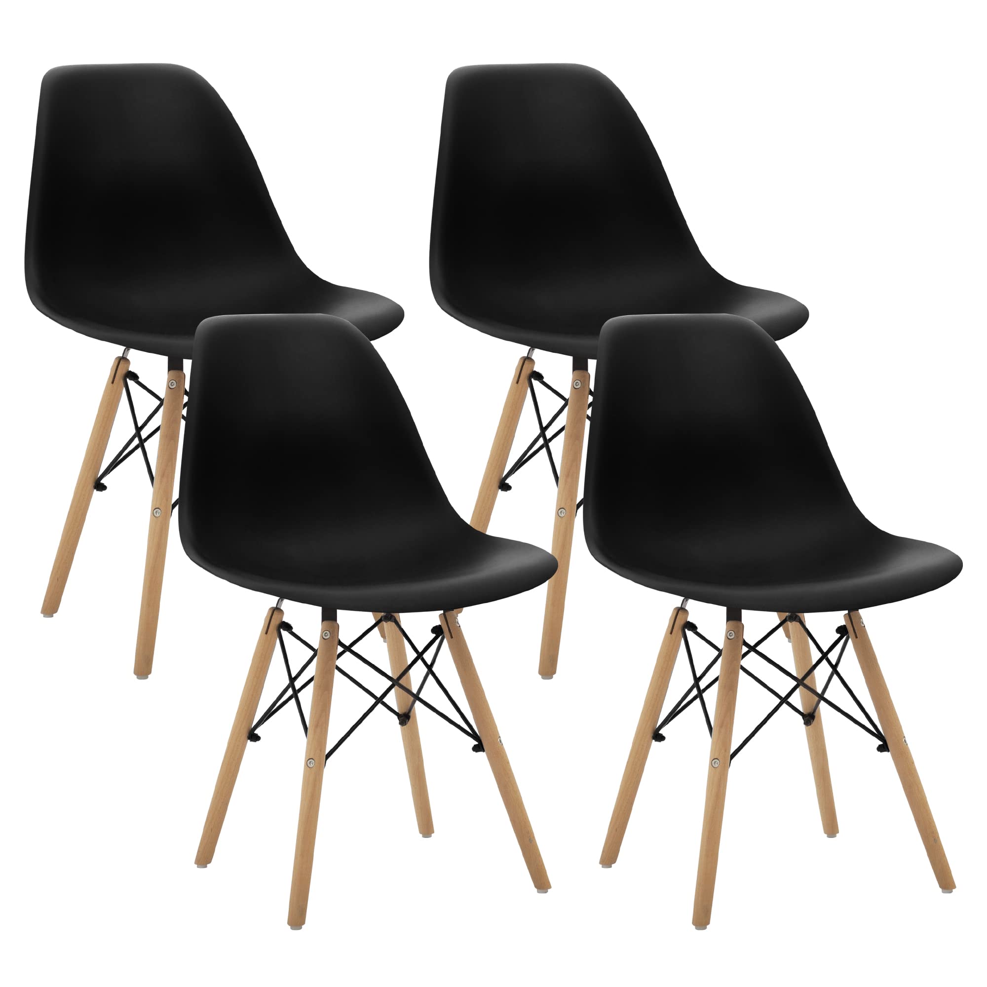 Canglong Modern Mid-Century Shell Lounge Plastic Natural Wooden Legs For Kitchen, Dining, Bedroom, Living Room Side Chairs, Set Of 4, Black