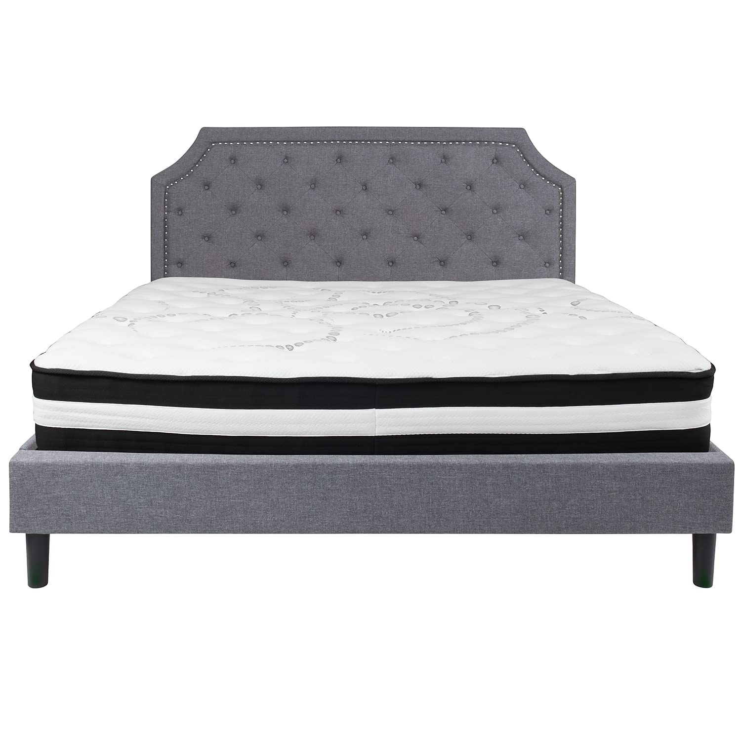 Flash Furniture Brighton King Size Tufted Upholstered Platform Bed In Light Gray Fabric With Pocket Spring Mattress