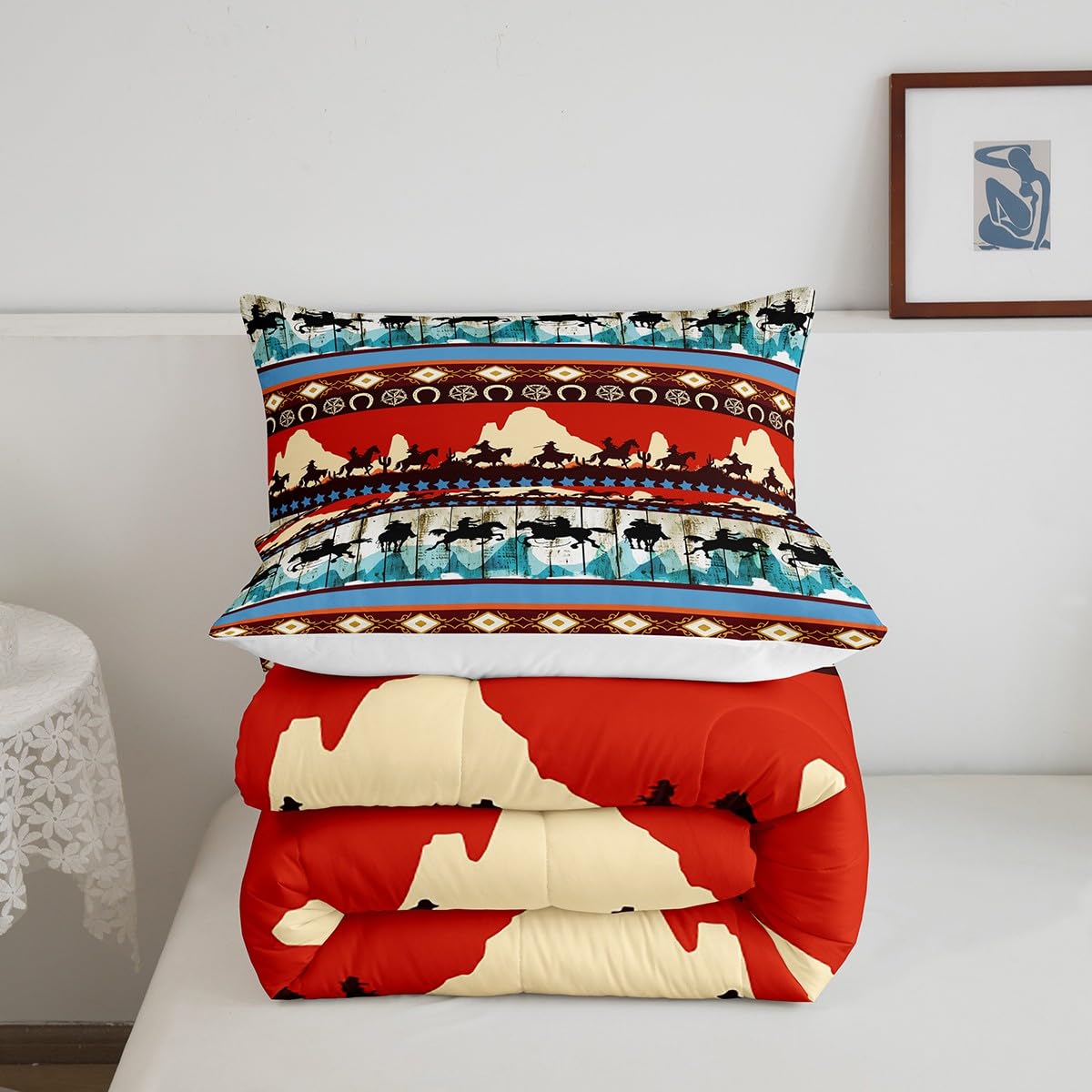 Feelyou Kids Queen Aztec Red Comforter Queen Size, Southwestern Cowboys Comforter Set For Boys Girls Horse Bedding Set Boho Trib