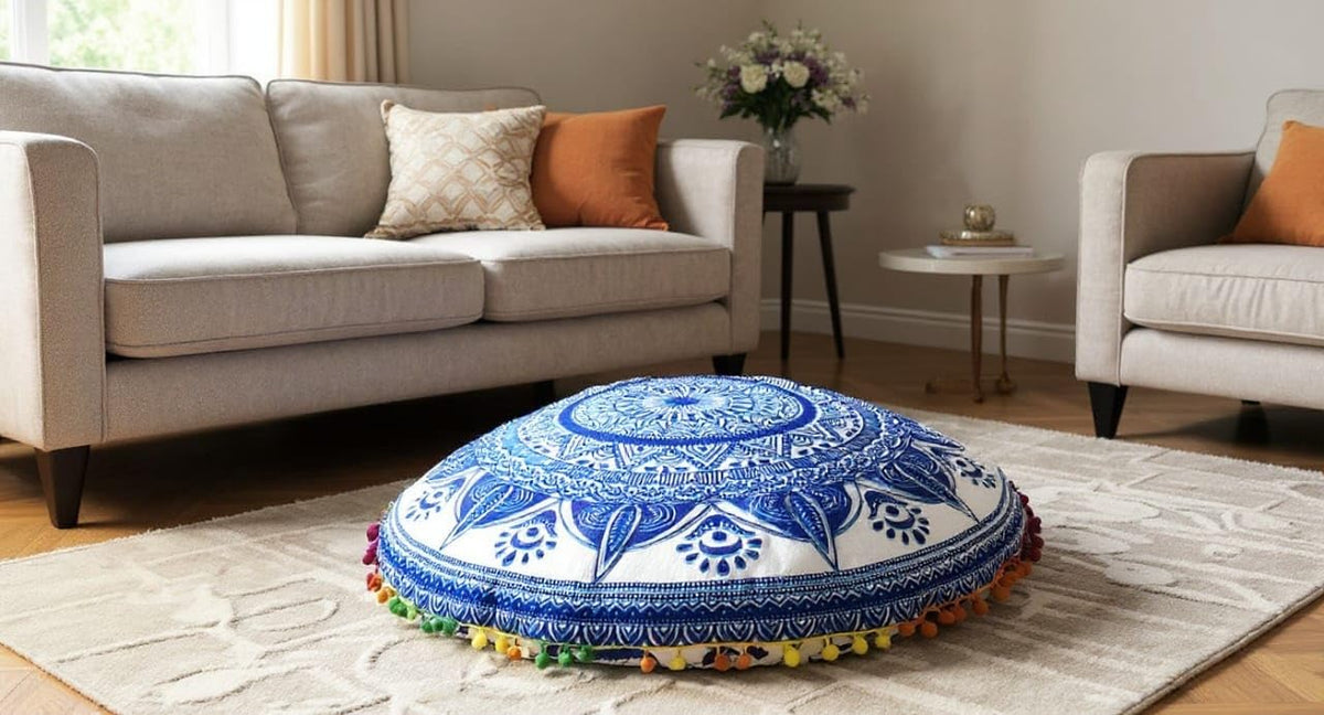 Devanshi Art Creations Cotton 68Tc Cushion Cover, 22 Inches, White And Blue