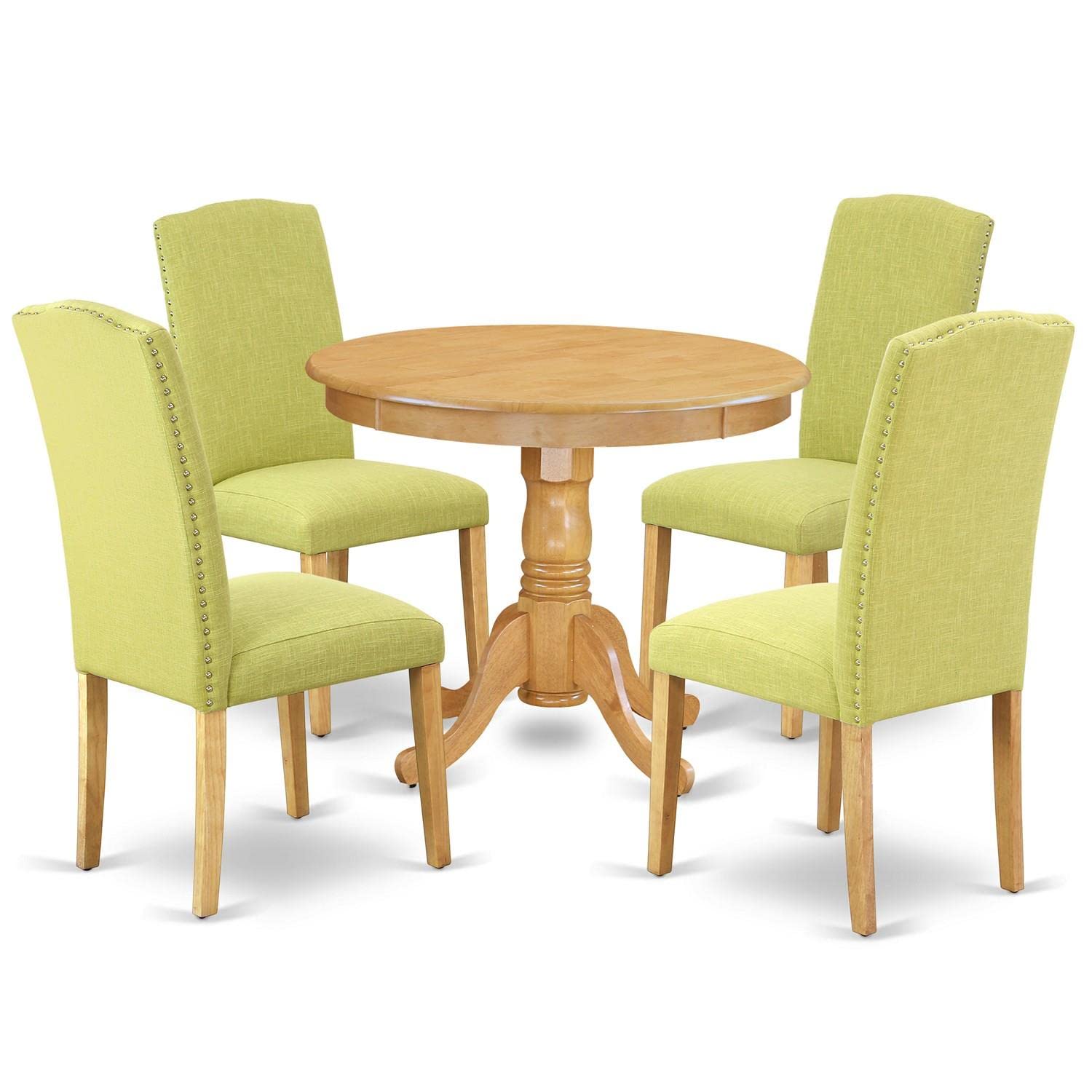 East West Furniture Anen5-Oak-07 5 Piece Kitchen Table Set For 4 Includes A Round Dining Room Table With Pedestal And 4 Limelight Linen Fabric Parson Dining Chairs, 36X36 Inch, Oak