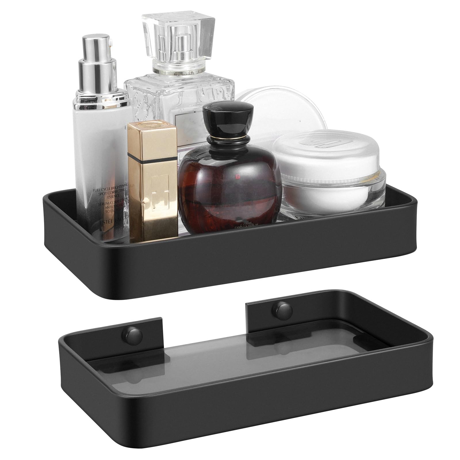 Z metnal Small Glass Bathroom Shelves, Matte Black Floating Shelf, Mini Wall Shelf Organizer, Wall Mounted (Dark Glass, 8 inch/2