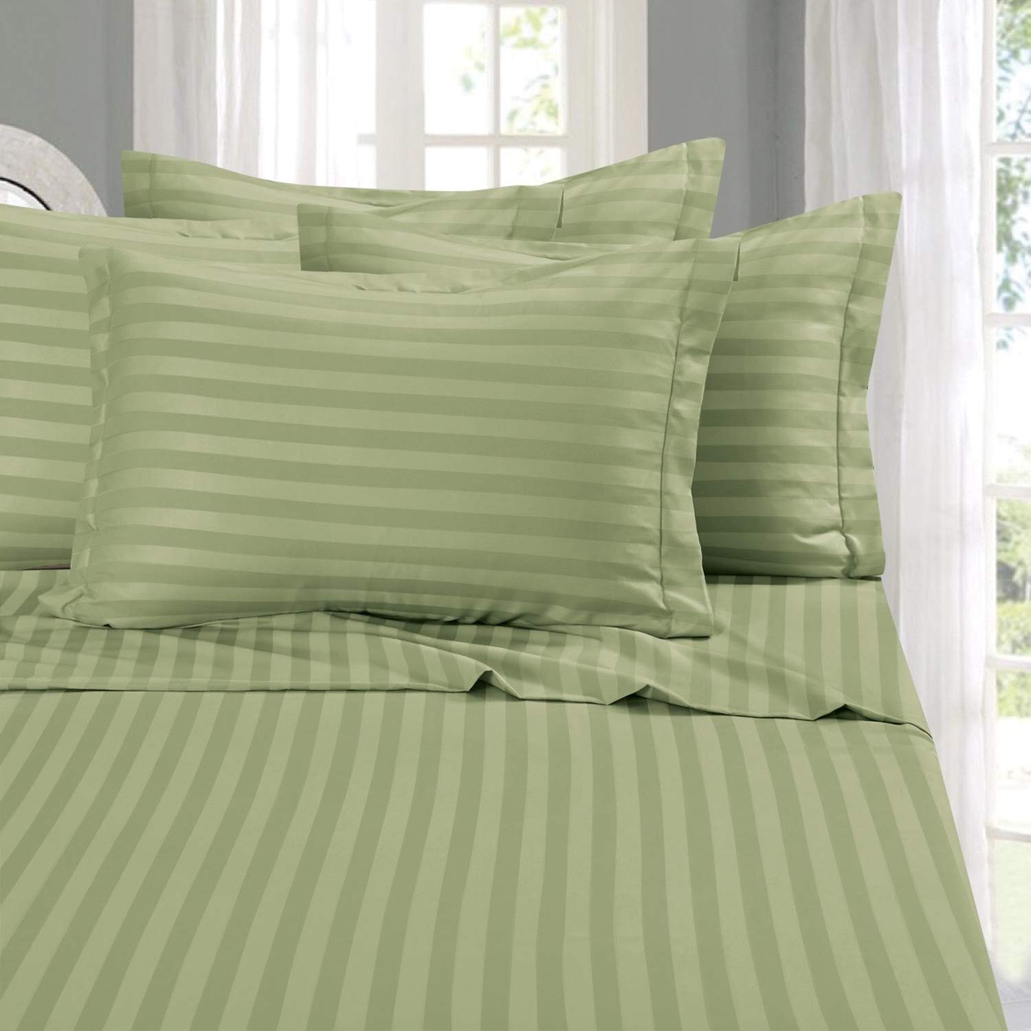 Elegant Comfort Silky-Soft 1500 Premier Hotel Quality Wrinkle-Free 4-Piece Stripe Sheet Set, Queen, Sage
