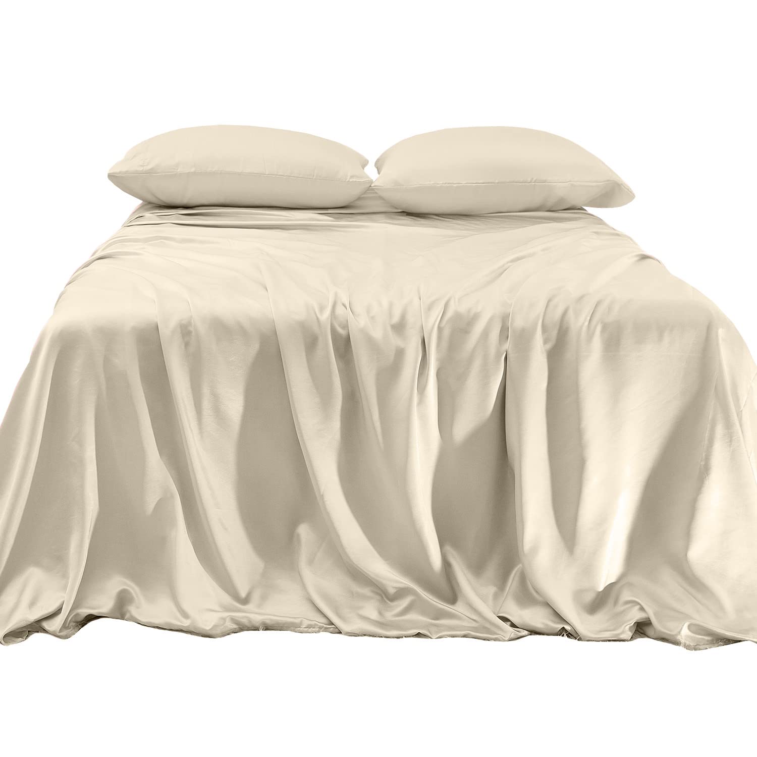 Elegant Comfort Luxurious 4-Piece Silky Satin Sheet Set, Skin And Hair Friendly, Wrinkle, Fade, Stain Resistant With Deep Pockets Fitted Sheet, Cooling Soft Satin Sheet Set, Cali King, Cream