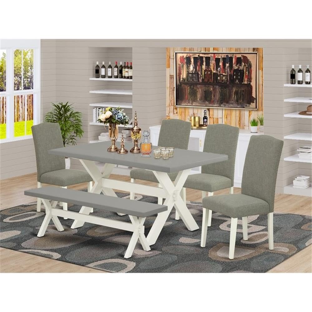 East West Furniture X096En206-6 6 Piece Kitchen Table Set Contains A Rectangle Dining Table And 4 Dark Shitake Linen Fabric Upholstered Chairs With A Bench, 36X60 Inch, Multi-Color