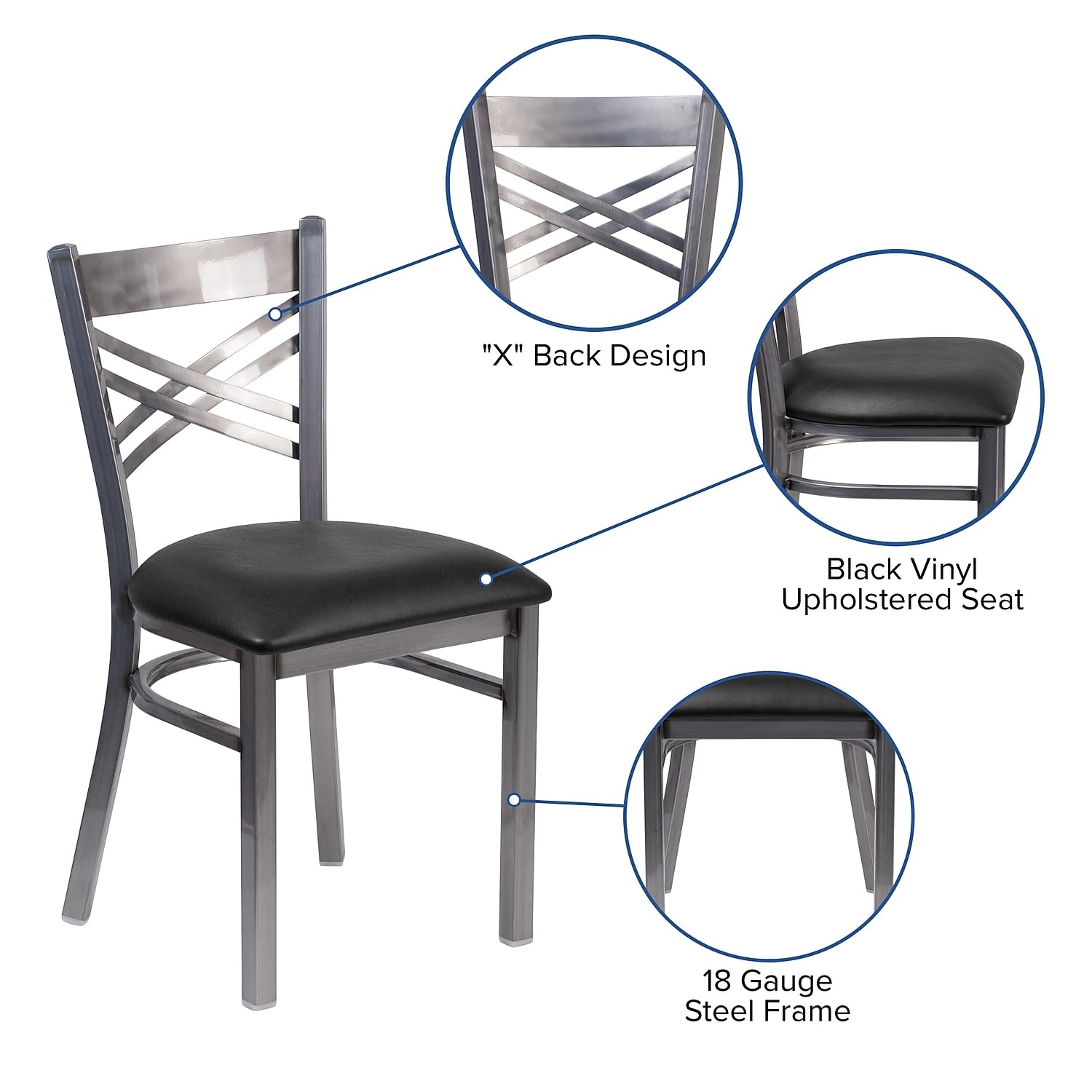 Flash Furniture Hercules Series Clear Coated ''X'' Back Metal Restaurant Chair - Black Vinyl Seat