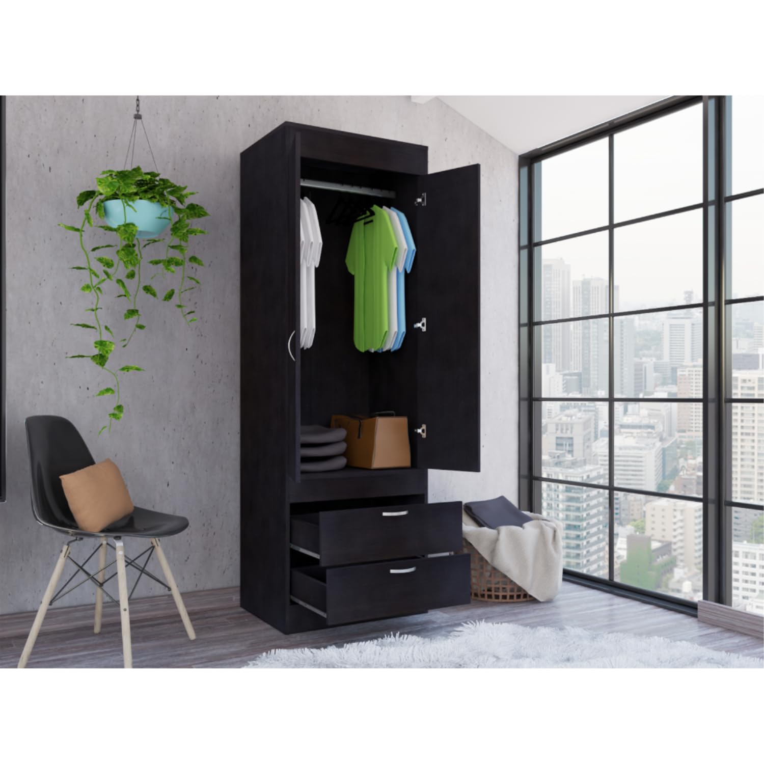 Armoire 70H, Double Door Cabinet, 2 Drawers, Metal Handles, Rod, Black