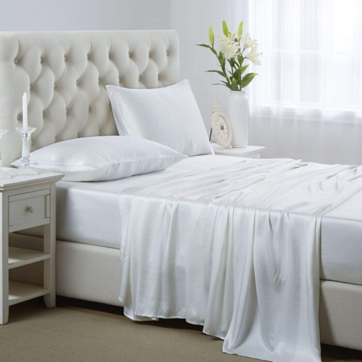 Lanest Housing Silk Satin Sheets, Full Size Satn Bed Sheet Set With Deep Pockets, Cooling Soft And Hypoallergenic Satin Sheets F