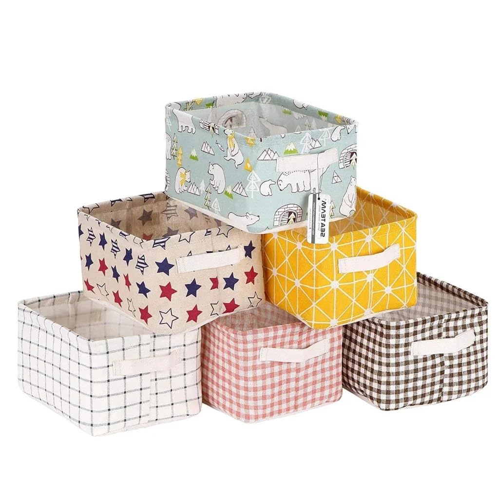 Lowinza Foldable Mini Square Storage Basket  Small Collapsible Canvas Containers Organizers With Handle mini bag organiser (Mul
