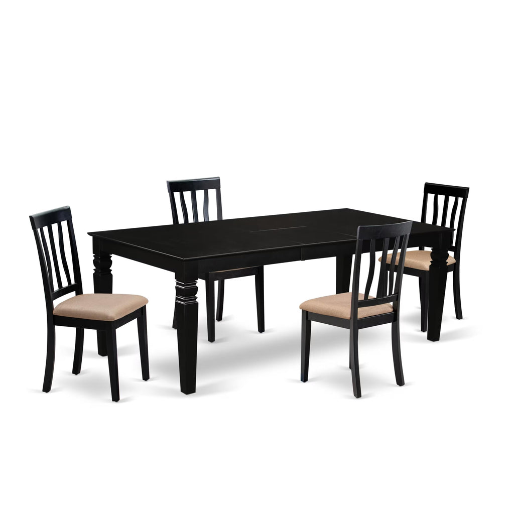 East West Furniture LGAN5-BLK-C 5 Piece Dinette Set for 4 Includes a Rectangle Dining Table with Butterfly Leaf and 4 Linen Fabric Dining Room Chairs, 42x84 Inch, Black
