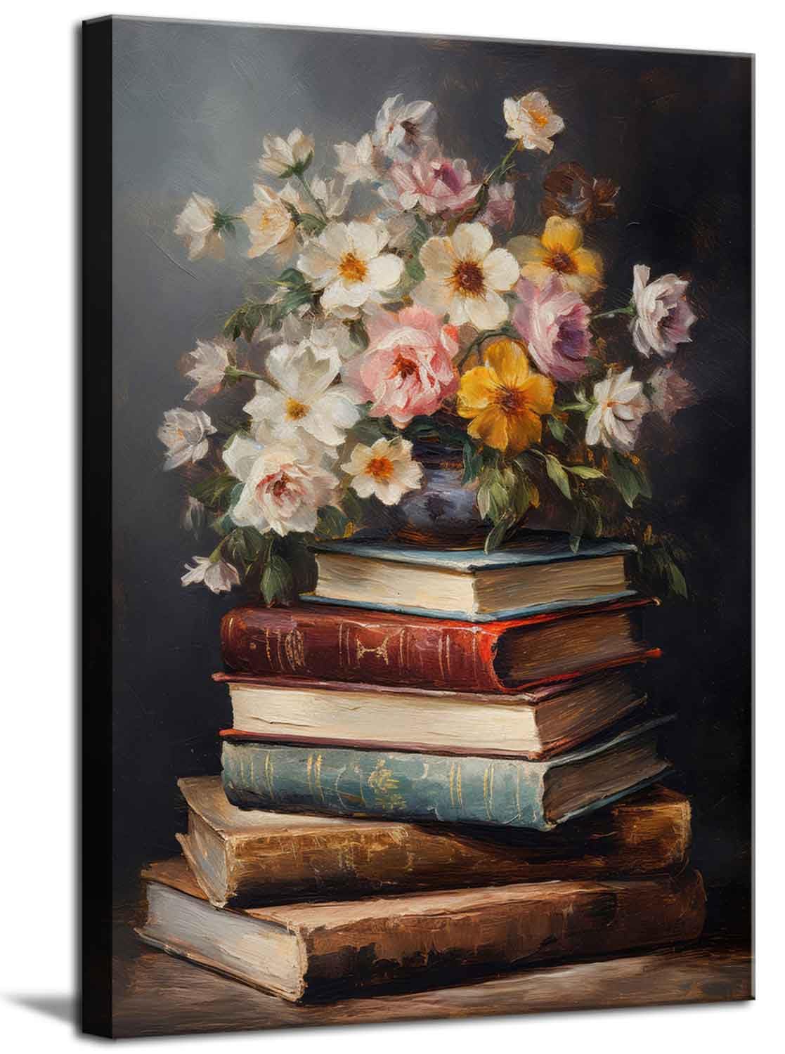 Moody Flower Books Canvas Wall Art, Vintage Spring Wildflowers Poster Prints Dark Academia Floral Gallery Wall Decor Picture Eas
