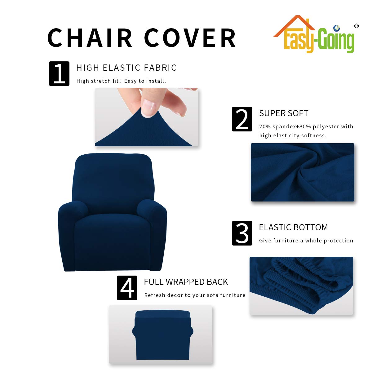 Easy-Going 4 Pieces Microfiber Stretch Recliner Slipcover – Spandex Soft Fitted Sofa Couch Cover, Washable Furniture Protector With Elastic Bottom For Kids, Pet(Recliner, Navy)