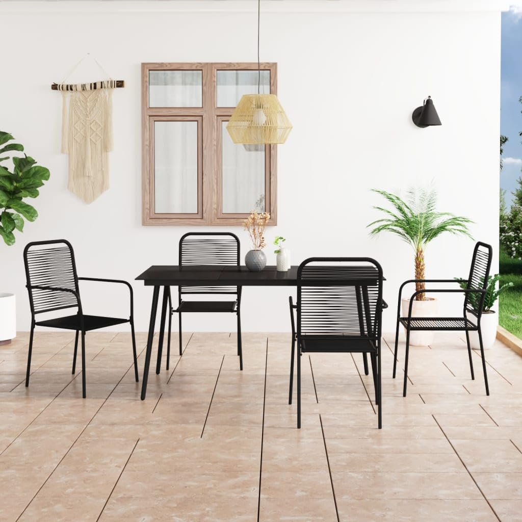 vidaXL 5-Piece Patio Dining Set with Tempered Glass Tabletop, Twined Cotton Rope Seats and Powder-Coated Steel Frame | Scandinavian Style | Color: Black