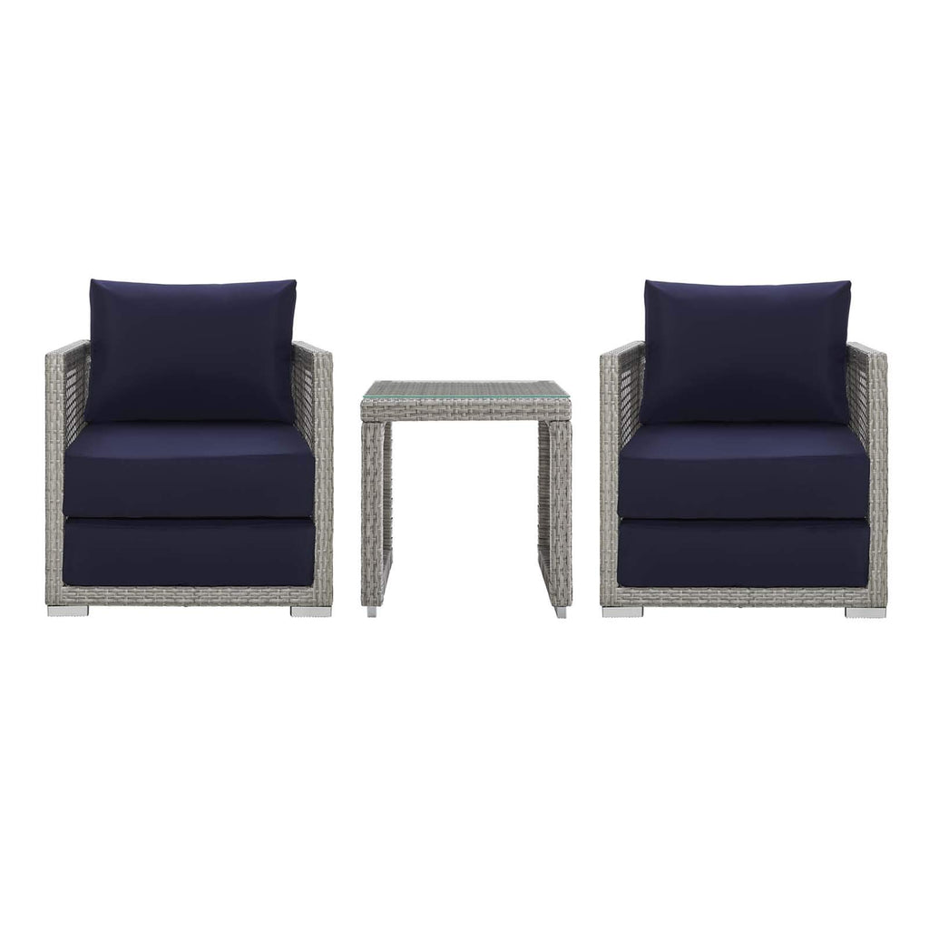 Modway Aura Outdoor Patio Wicker Rattan, Side Table And Two Armchairs, Gray Navy