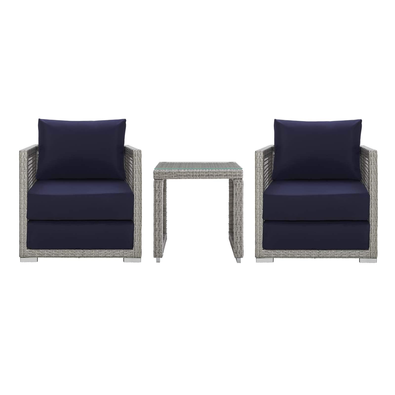 Modway Aura Outdoor Patio Wicker Rattan, Side Table And Two Armchairs, Gray Navy