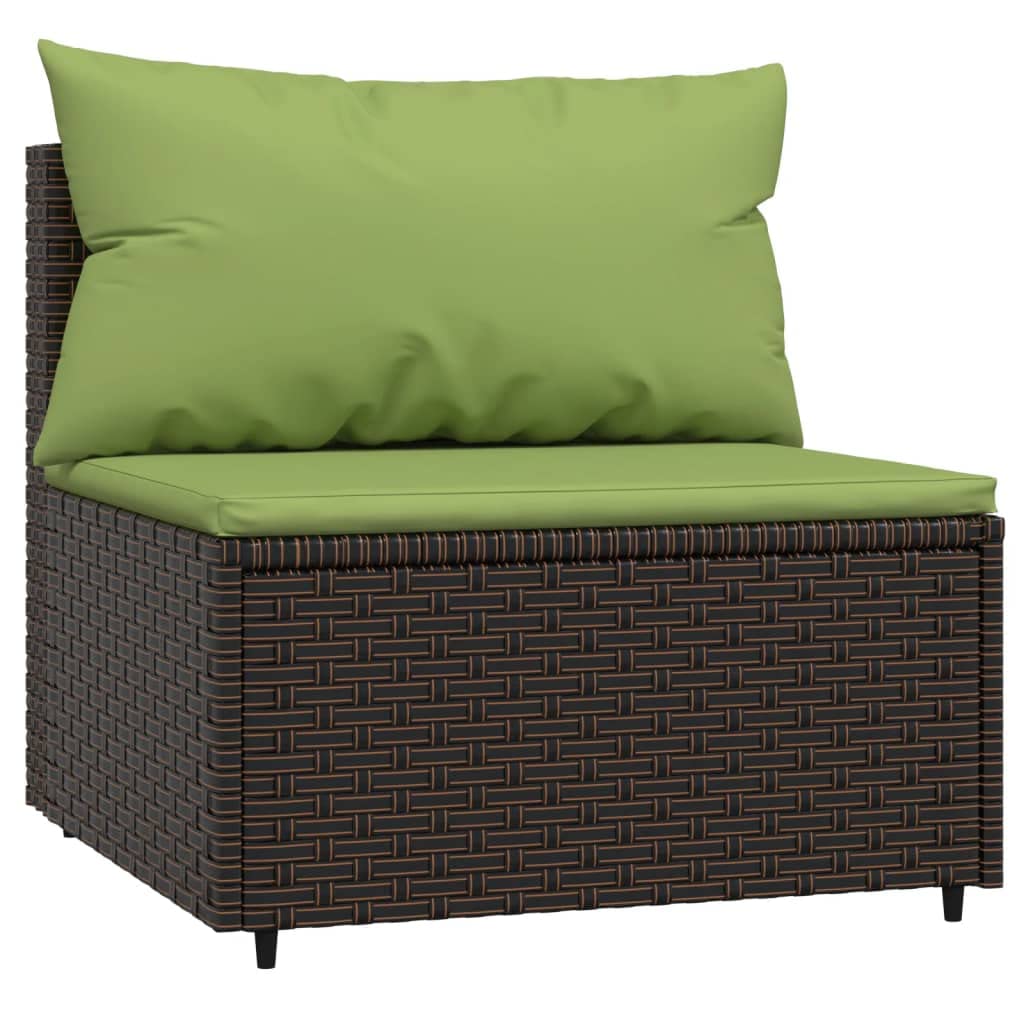 vidaXL Patio Middle Sofa with Cushions - Outdoor Furniture Piece - Durable Powder-Coated Steel - Brown Poly Rattan with Green Cushions - Weather-Resistant & Sturdy