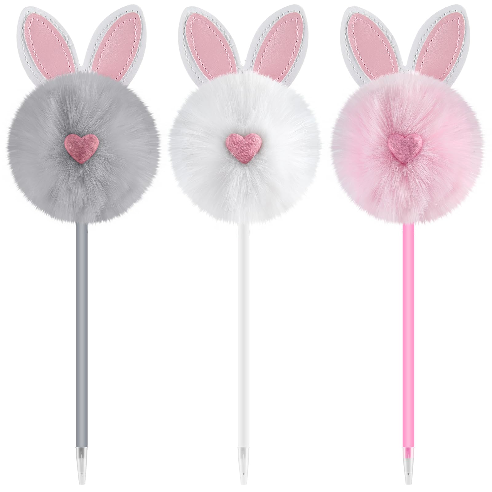 Zuazaor 3 Pieces Easter Fuzzy Pens Funny Rabbit Pens Pom Pom Ballpoint Pen Fluffy Bunny Pompoms Plastic Rollerball for Women Par