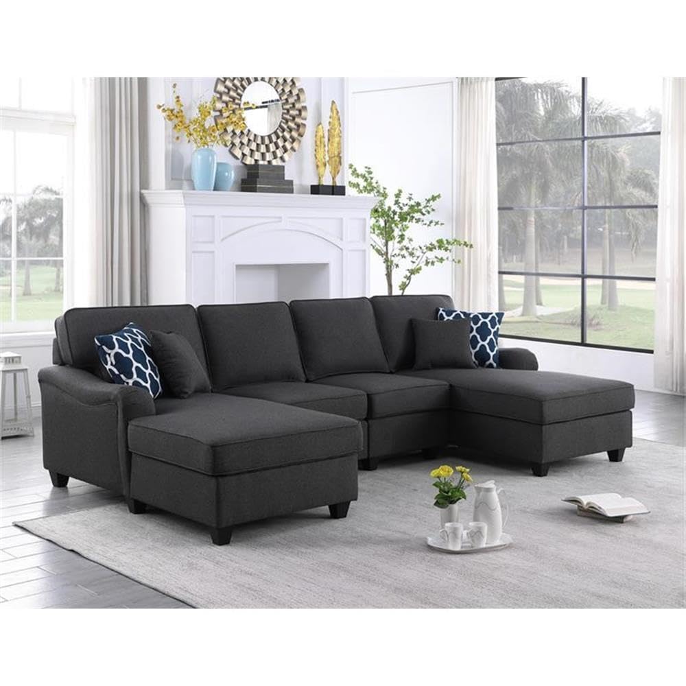 Lilola Home Leo Dark Gray Linen Double Chaise 4Pc Modular Sectional Sofa
