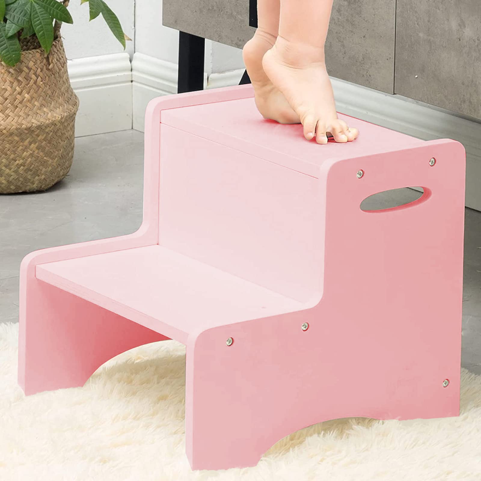WOOD CITY Wooden Toddler Step Stool for Kids, Pink Two Step Children's Stool with Handles, Bonus Non-Slip Pads for Safety, Bathr
