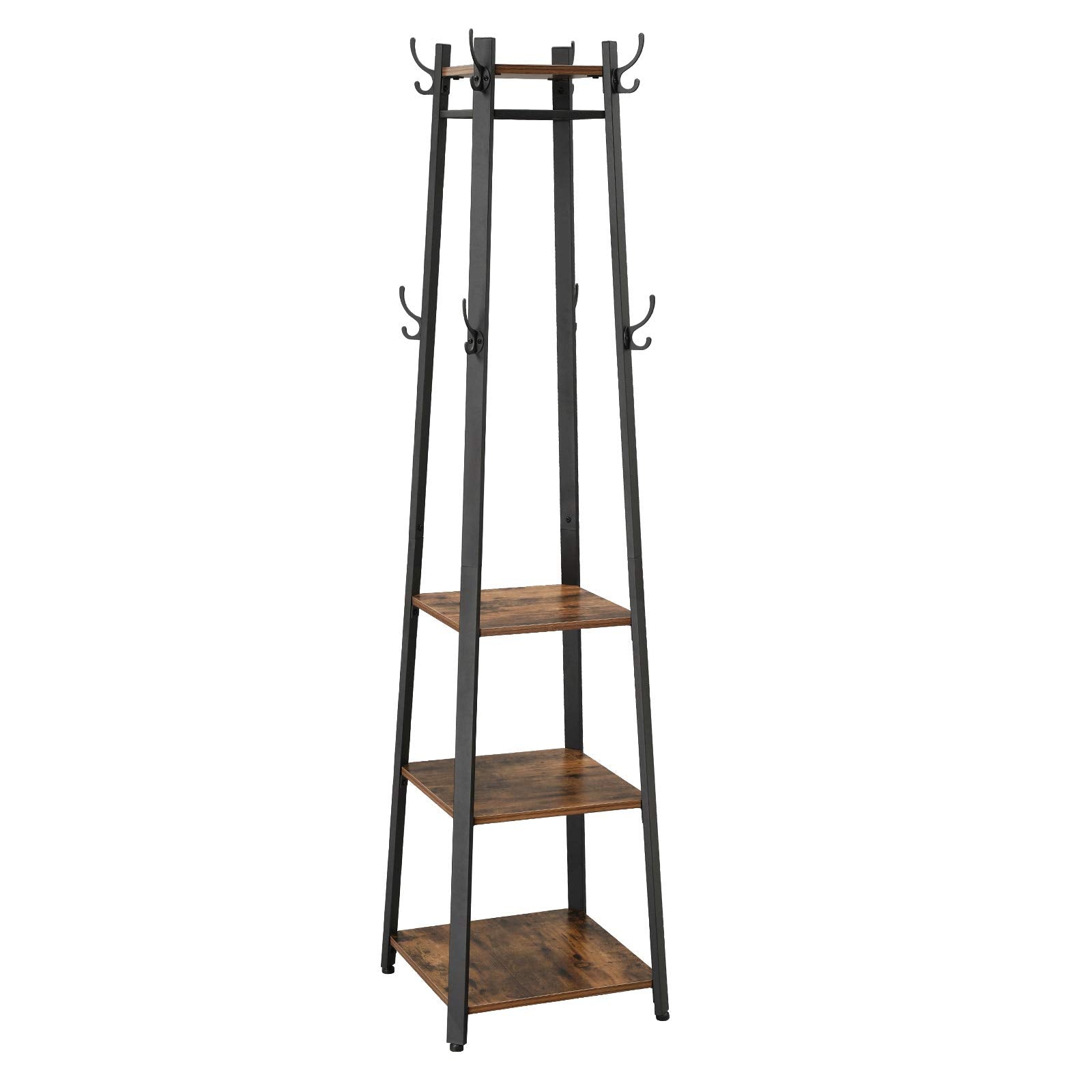 VASAGLE ALINRU Coat Rack with 3 Shelves, Stand with Hooks for Scarves, Bags and Umbrellas, Steel Frame, Industrial Style, Rustic