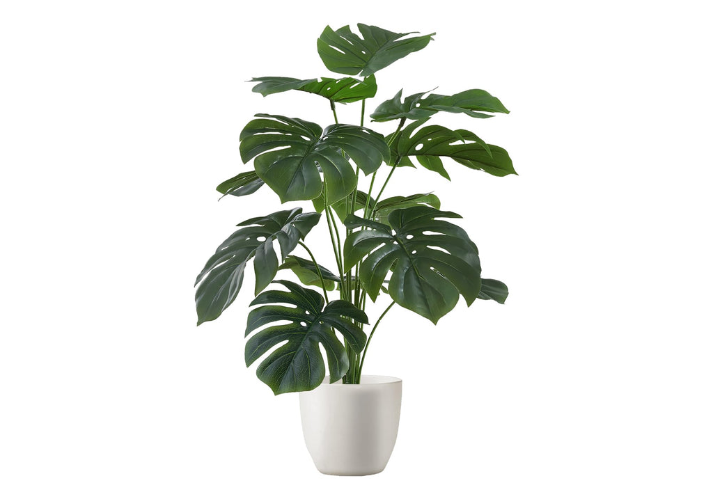 Monarch Specialties I 9551 Artificial Plant, 24' Tall, Monstera, Real Touch, Decorative, Green Leaves, White Pot