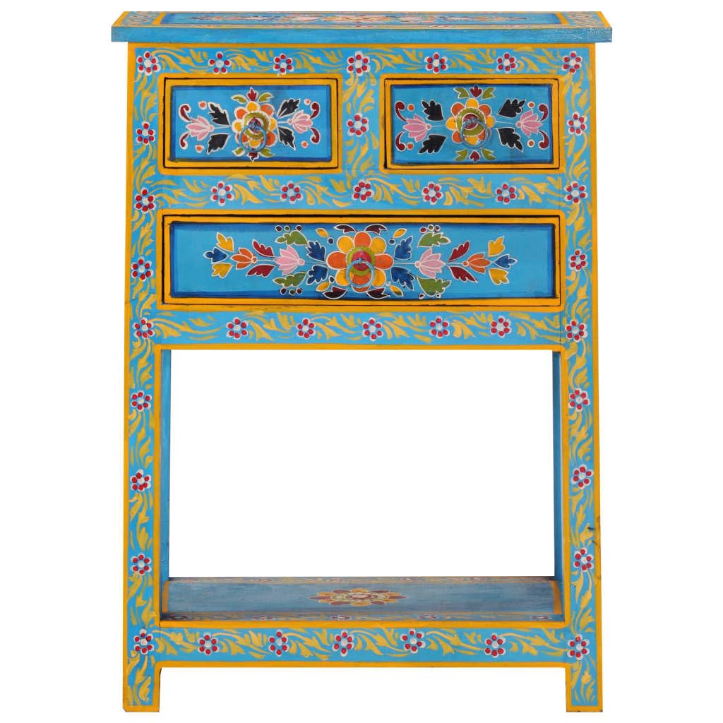 vidaXL Solid Mango Wood Sideboard with Hand-Painted Decorative Details, Multicolor - Turquoise Base, Retro-Style 3-Drawer Cabinet with Handy Storage Options