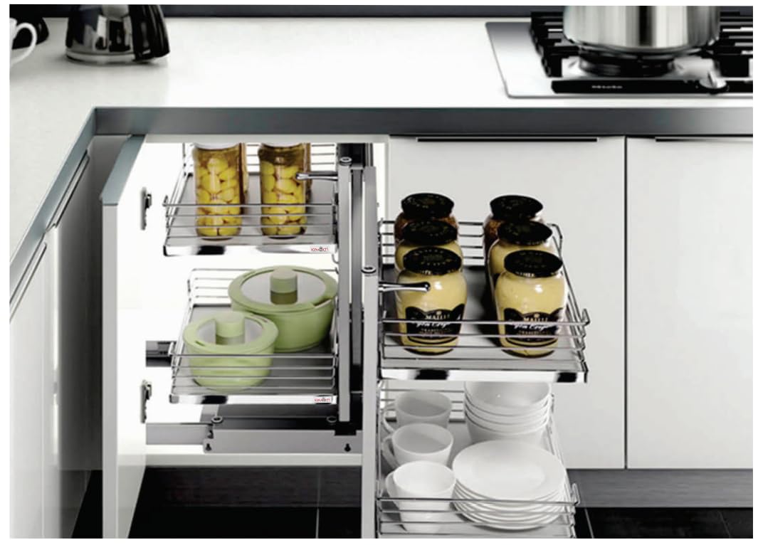 Kavach Universal Magic Corner Pull Out Kitchen Storage Organizer, Stainless Steel, 965X508X600/700Mm, Ball Bearing Base, Heavy D