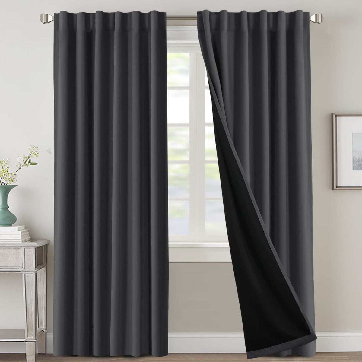 H.Versailtex 100% Blackout Curtains For Bedroom With Black Liner Full Room Darkening Curtains 84 Inch Long Thermal Insulated Bac