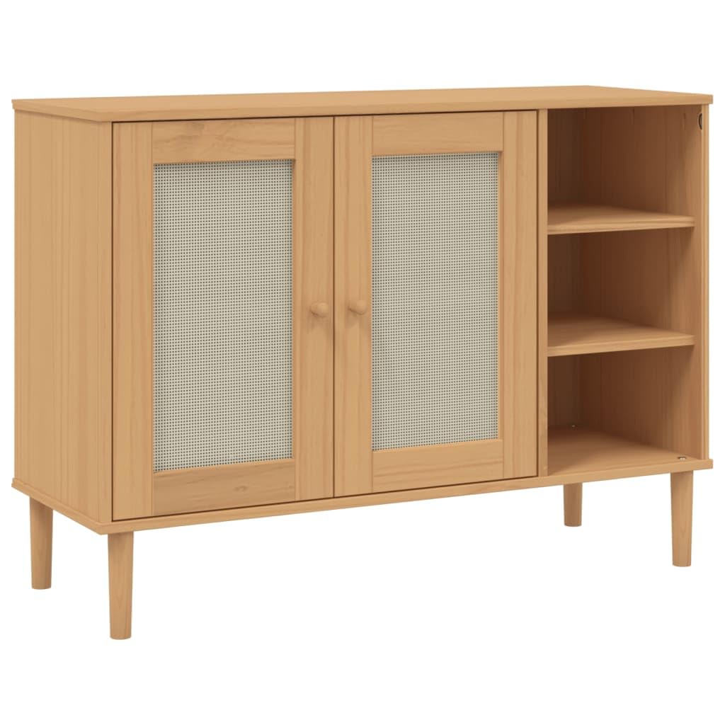 vidaXL Solid Pine Wood Sideboard with Rattan Look Doors - UV Varnish Brown SENJA - Ample Storage - Combined Modern and Boho Style