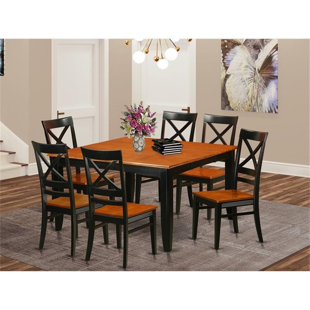 East West Furniture PFQU7-BCH-W 7 Piece Dining Room Table Set Consist of a Square Wooden Table with Butterfly Leaf and 6 Kitchen Dining Chairs, 54x54 Inch, Black & Cherry