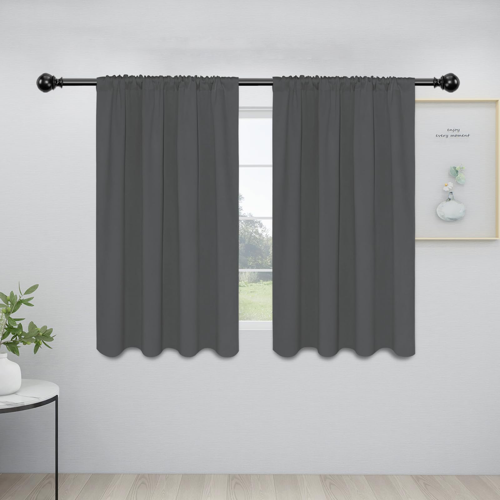 Easy-Going Rod Pocket Blackout Curtains For Bedroom, Room Darkening Window Curtains For Living Room, Thermal Insulated Noise Reduction Solid Window Drapes, 2 Panels(34X45 In, Grey)