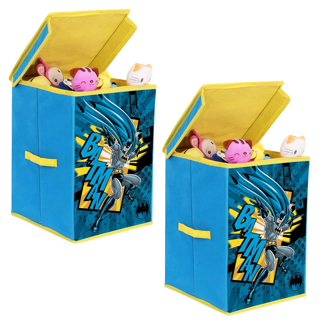 PrettyKrafts Batman Fabric Toys Organizer Storage Box with Top Lid, Big (Blue, Large)  Set of 2 Pieces, Square