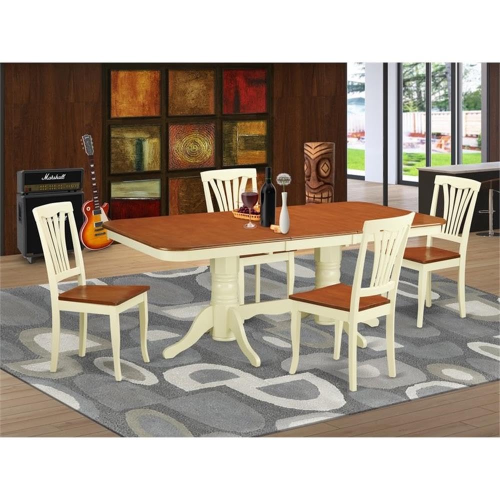East West Furniture NAAV5-WHI-W 5 Piece Kitchen Table Set for 4 Includes a Rectangle Dining Table with Butterfly Leaf and 4 Dining Room Chairs, 40x78 Inch, Buttermilk & Cherry