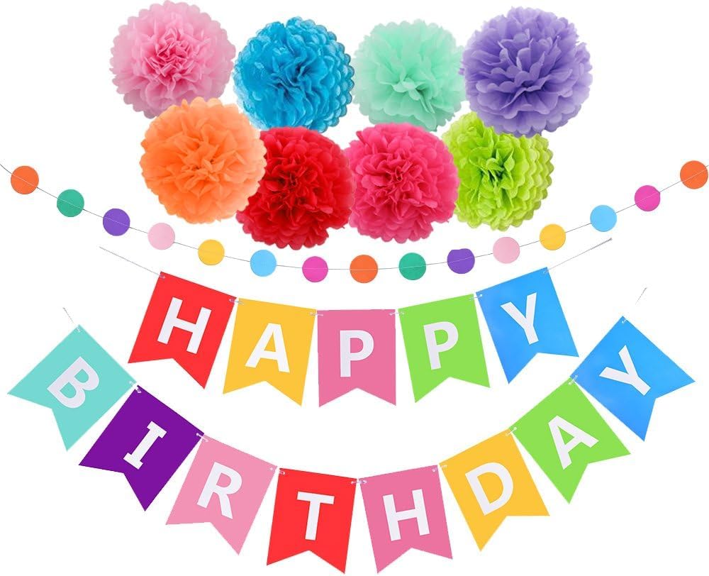 INCHEON PARTY 10 Pieces Happy Birthday Decorations Banner With Tissue Pom Poms For Rainbow Birthday Party Supplies