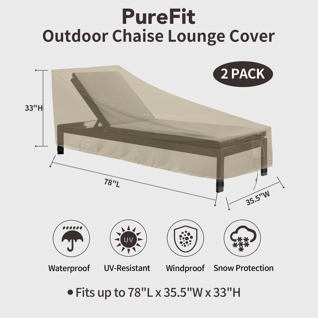 Purefit Outdoor Chaise Lounge Cover, Lounge Chair Covers Waterproof Patio Furniture Lounge Chair Cover, Uv Resistant & Weatherproof, 2 Pack, 78'L X 35.5'W X 33'H Inches, Camel