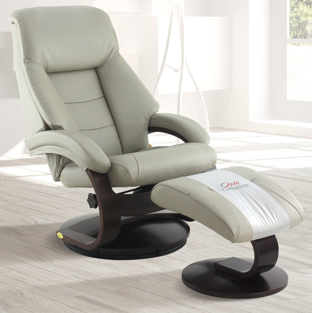 Oslo Collection Mac Motion Putty Top Grain Leather Mandal Recliner and Ottoman, Gray