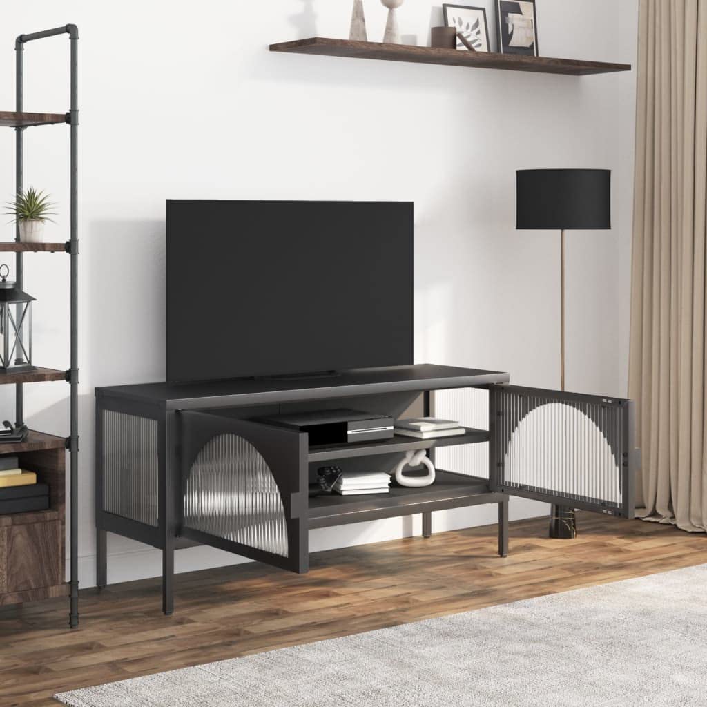 vidaXL Modern TV Stand – Black, Powder-Coated Steel and Fluted Glass, with Adjustable Shelf and Levelers, Ideal for TV and Stereo Systems, 41.3&quot;x13.8&quot;x19.7&quot;