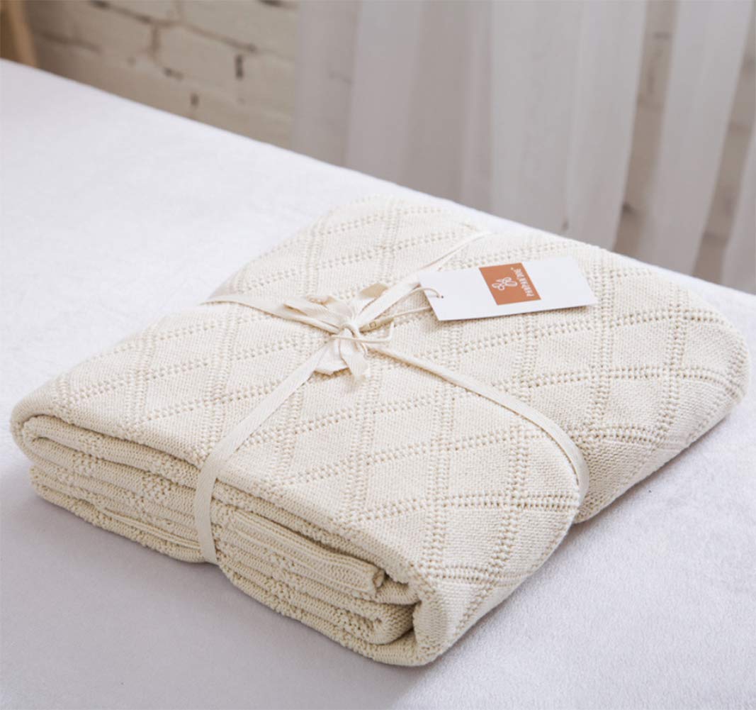Longhui Bedding Cotton Cable Knit Throw Blanket For Couch Chairs Beach Sofa, Home Beige Decorative Blanket, Cream 50 X 60 Inches