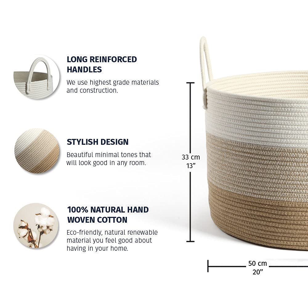 Organihaus Woven Baskets For Storage 20X13, Modern Boho Laundry Basket, Cotton Rope Blanket Basket For Living Room, Extra Large
