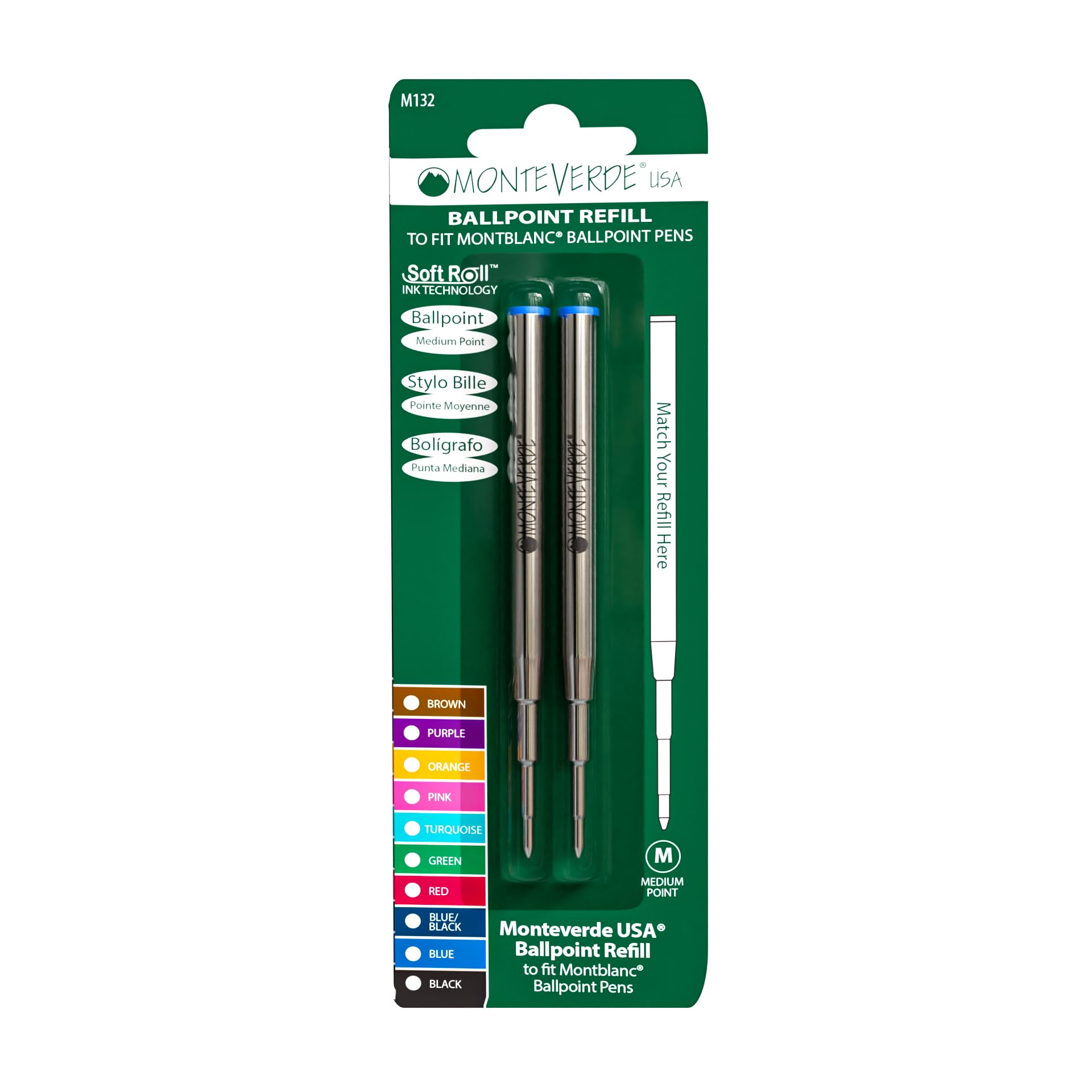 Monteverde Usa Ballpoint Refill To Fit Montblanc Ballpoint Pens - Medium Point, Soft Roll, Blue (2 Pack) (M132Bu)