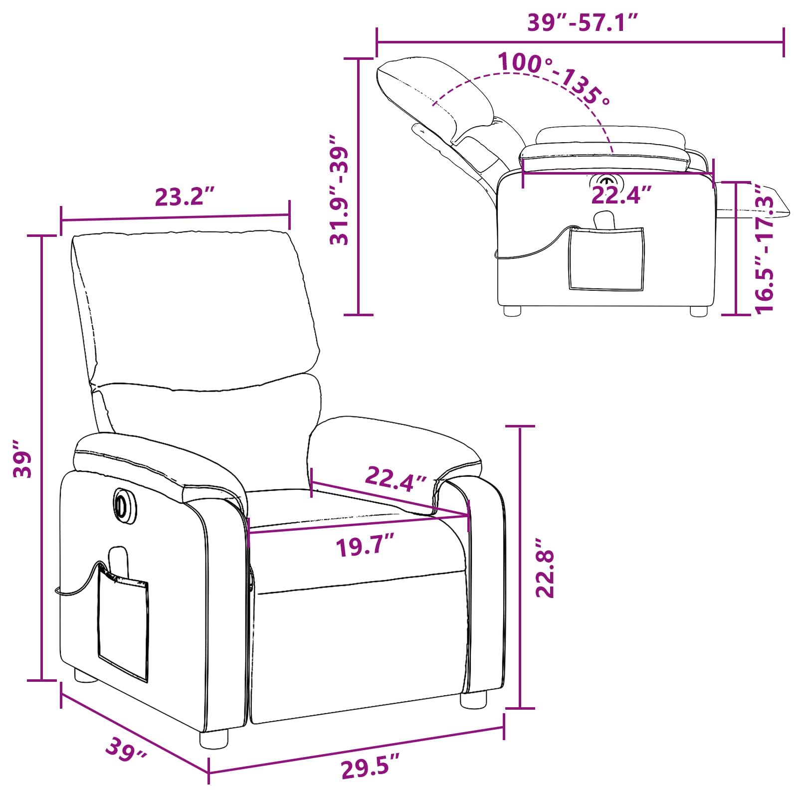 vidaXL Fabric Massage Recliner Chair for Living Room, Home Theater, 6-Point Vibration Massage, Adjustable Back & Footrest, Side Pocket, Dark Gray