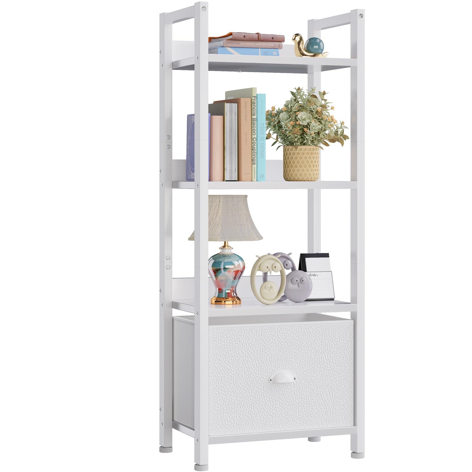 Furologee White 4 Tier Bookshelf With Drawer, Small Narrow Bookcase With Shelves, Modern Free Standing Shelf Unit, Wood And Metal Display Storage Shelves Organizer For Bedroom, Living Room, Entryway