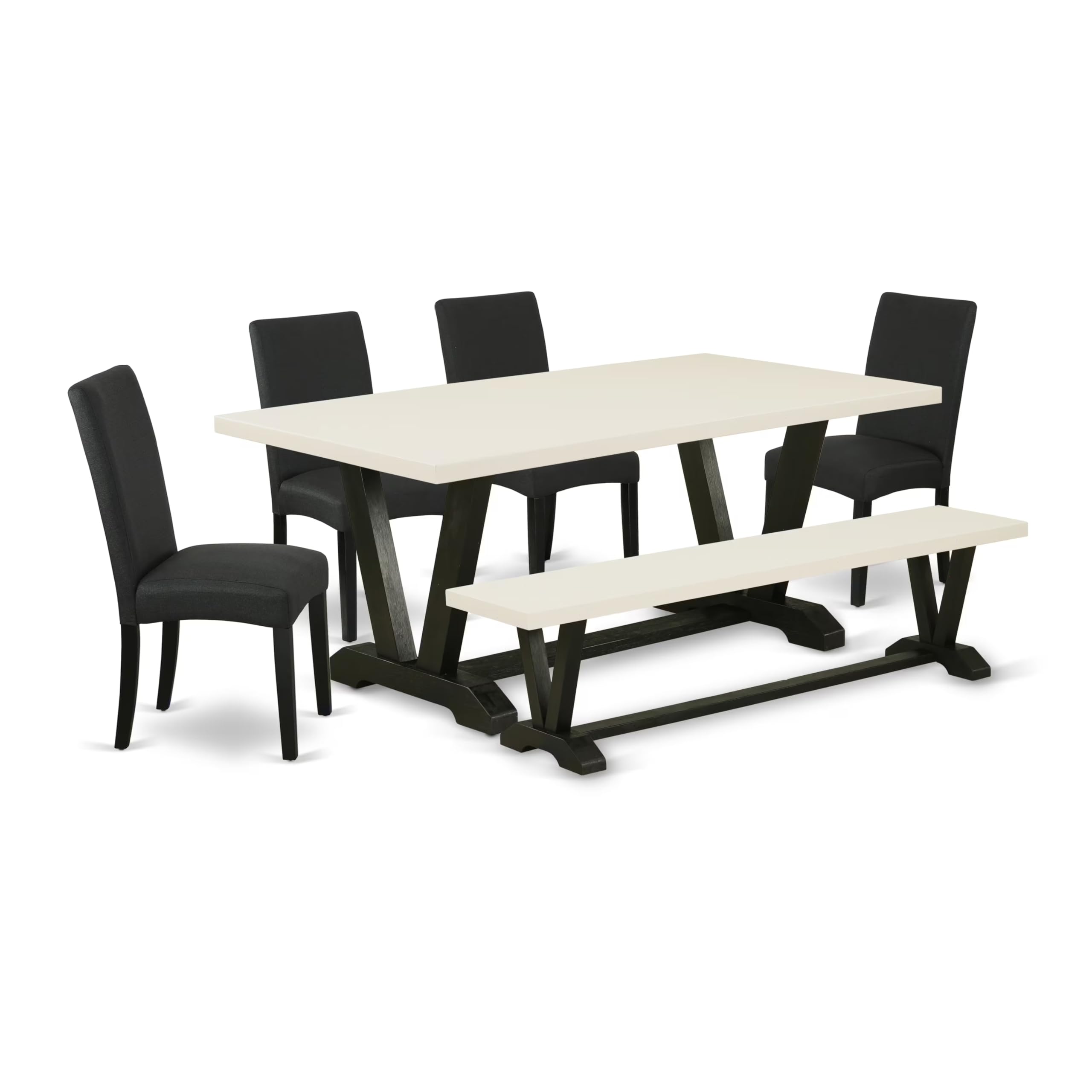 East West Furniture V627Dr124-6 6 Piece Dinette Set Contains A Rectangle Dining Table With V-Legs And 4 Black Color Linen Fabric Parson Chairs With A Bench, 40X72 Inch, Multi-Color