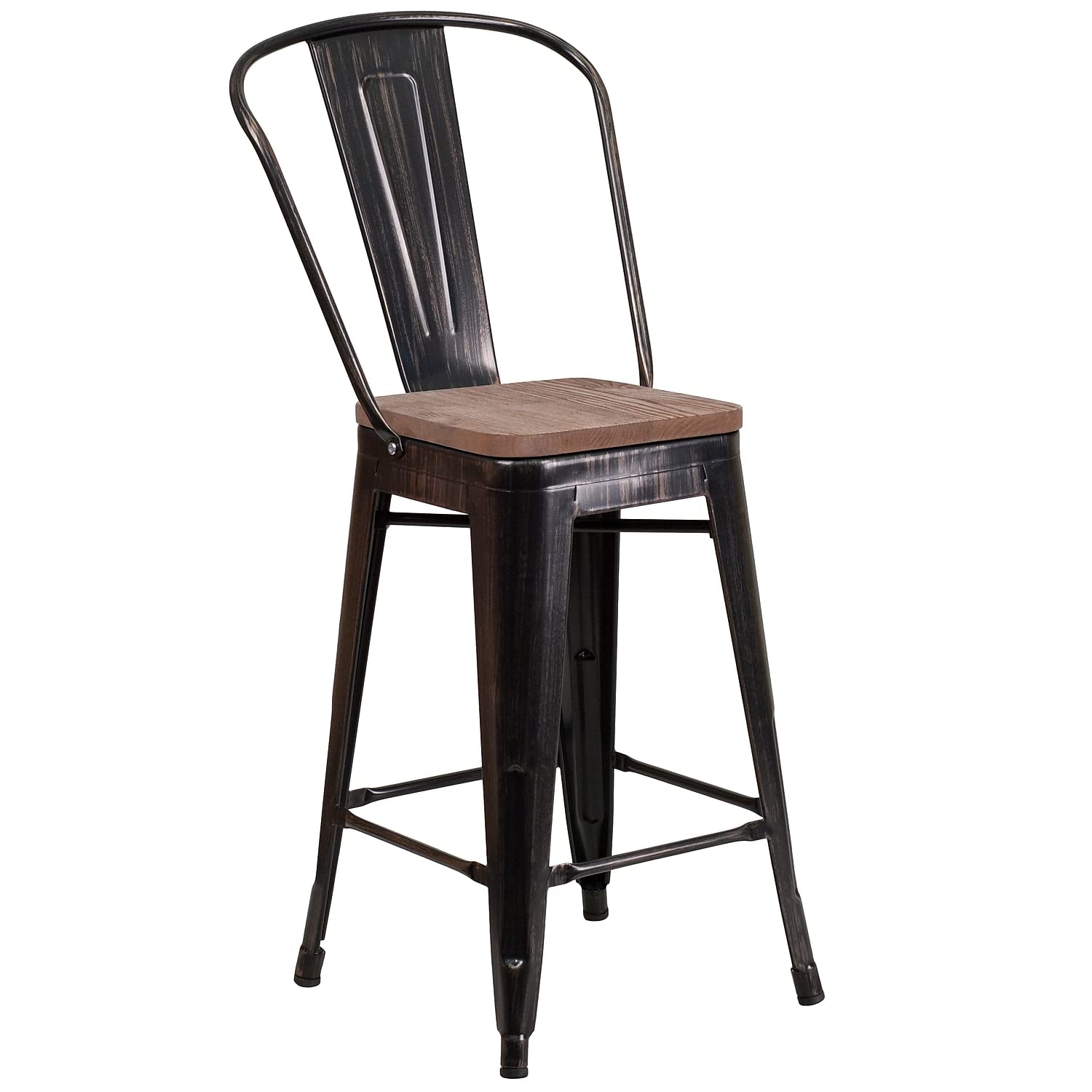 Flash Furniture Lily 24&quot; High Black-Antique Gold Metal Counter Height Stool With Back And Wood Seat