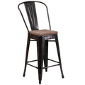 Flash Furniture Lily 24 High Black-Antique Gold Metal Counter Height Stool with Back and Wood Seat