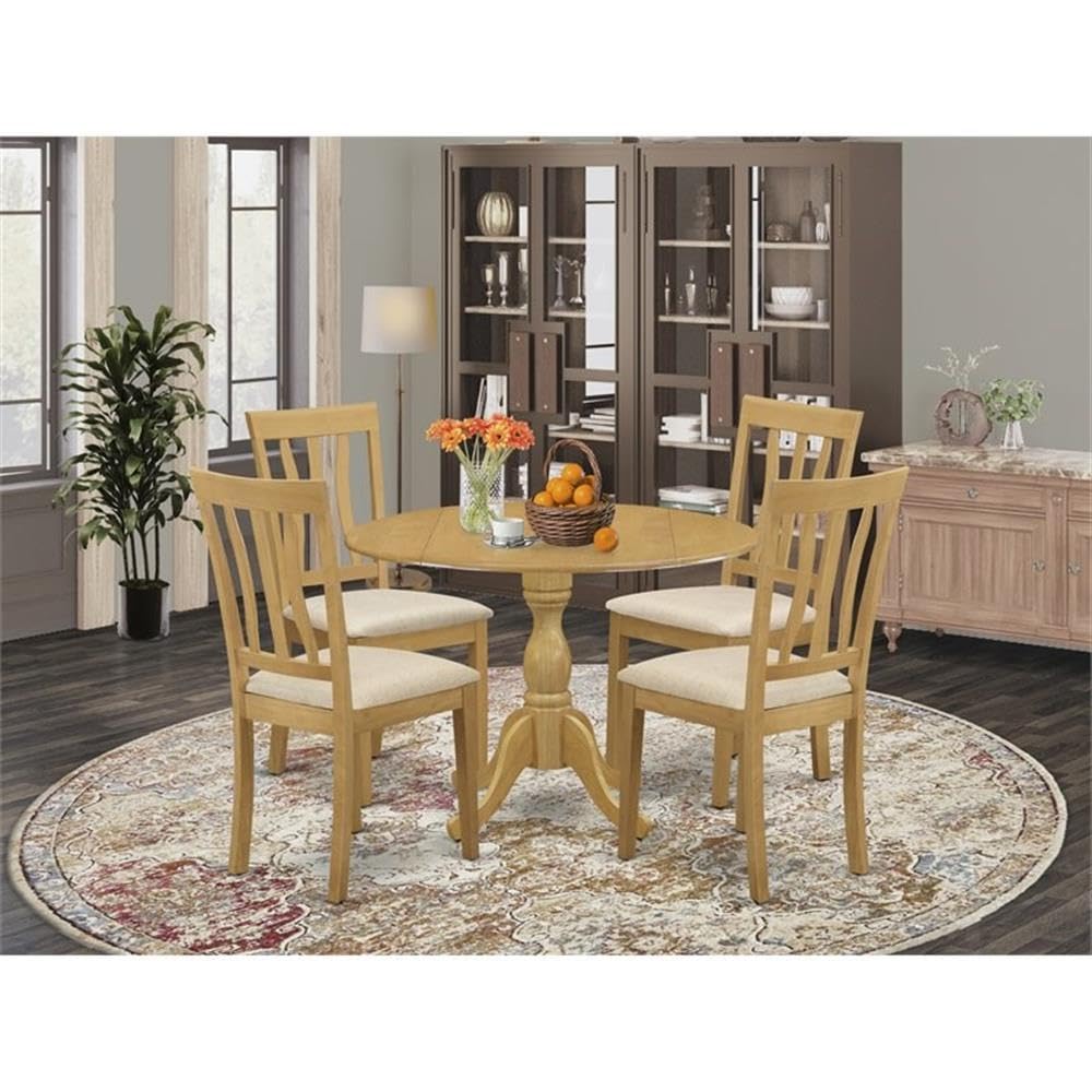 East West Furniture DMAN5-OAK-C 5 Piece Dinette Set for 4 Includes a Round Dining Table with Dropleaf and 4 Linen Fabric Dining Room Chairs, 42x42 Inch, Oak