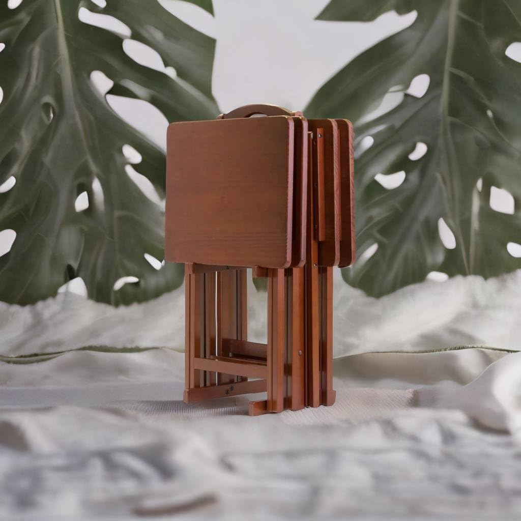 Ergode Wood Dylan 5-Piece Snack Table Set - Stylish Folding Tables, Durable X-Frame Base, Convenient Upright Stand, Easy Assembly, Perfect For Entertaining (Snack Table Set) (Walnut)