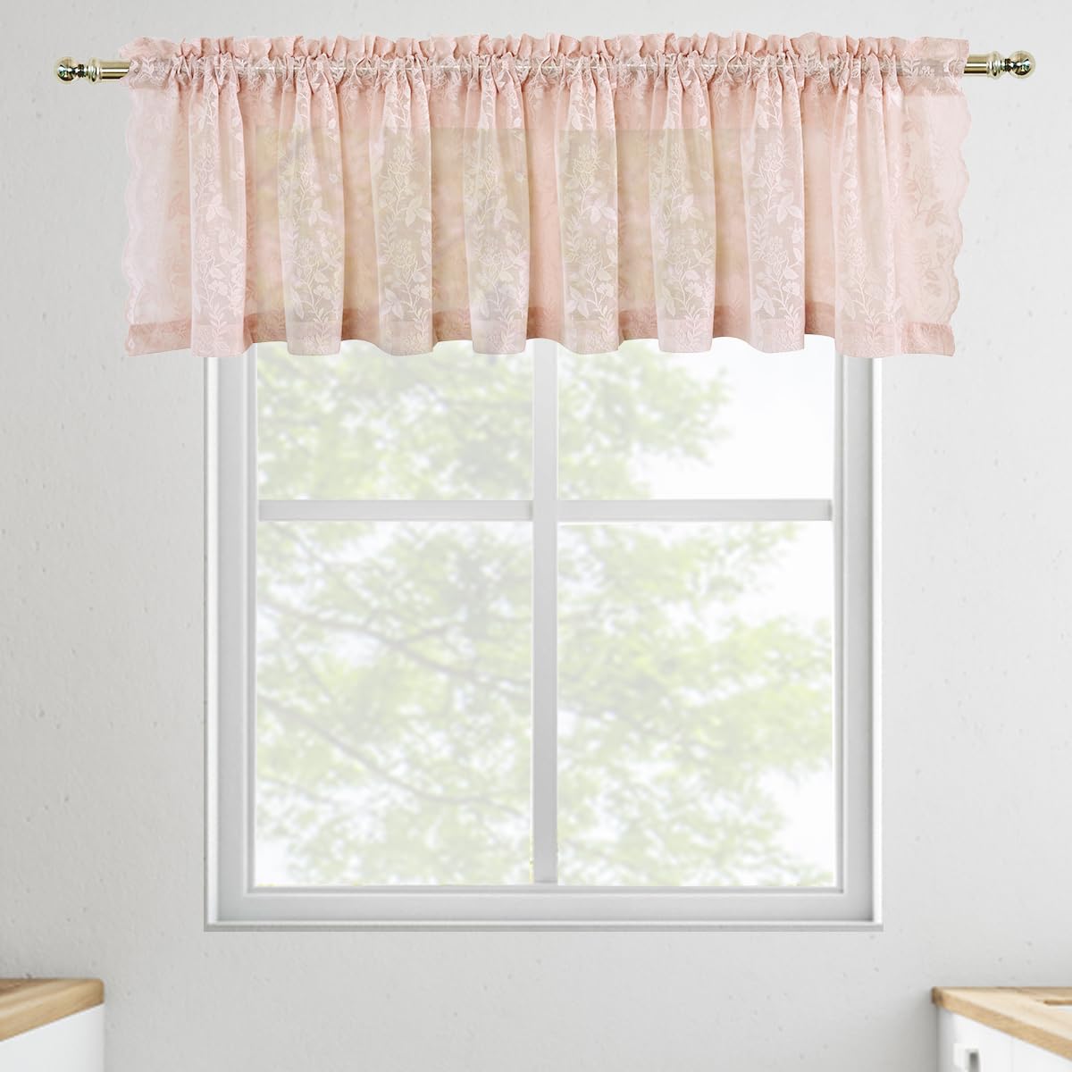 Finecity Blush Lace Valance Curtain For Kitchen Window, Country Rustic Floral Short Lace Cafe Curtain 18 Inch Length, Privacy La