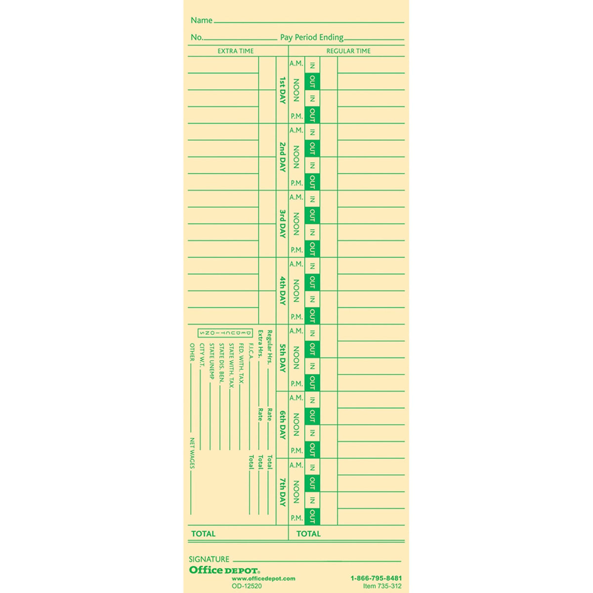 Office Depot Time Cards With Deductions, Weekly, Days 1-7, 1-Sided, 3 3/8In. X 8 7/8In., Manila, Pack Of 100, Gb-735312