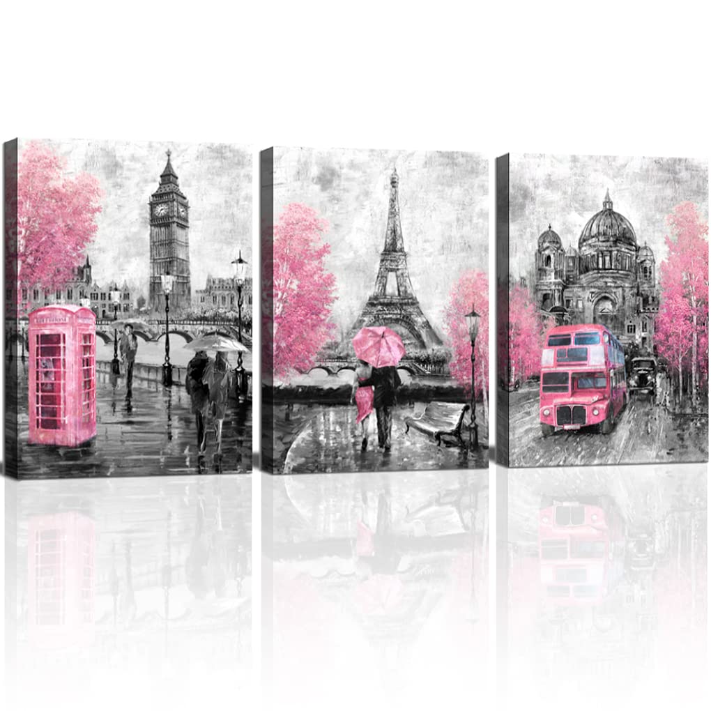 CANVASZON Pink and Gray Paris Wall Art Paris Decor for Bedroom Bathroom Girls Room Wall Decor Paris Pictures Rustic Black and Wh